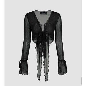 Cider Black Sheer Ruffle Tie Front Crop Top Long Sleeve Size L